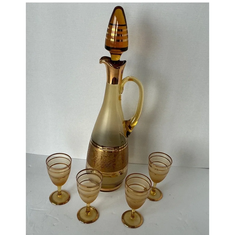 Bohemia Crystal Vintage Amber Glass Decanter Set Gold‎ Encrusted Floral 5pc MCM
